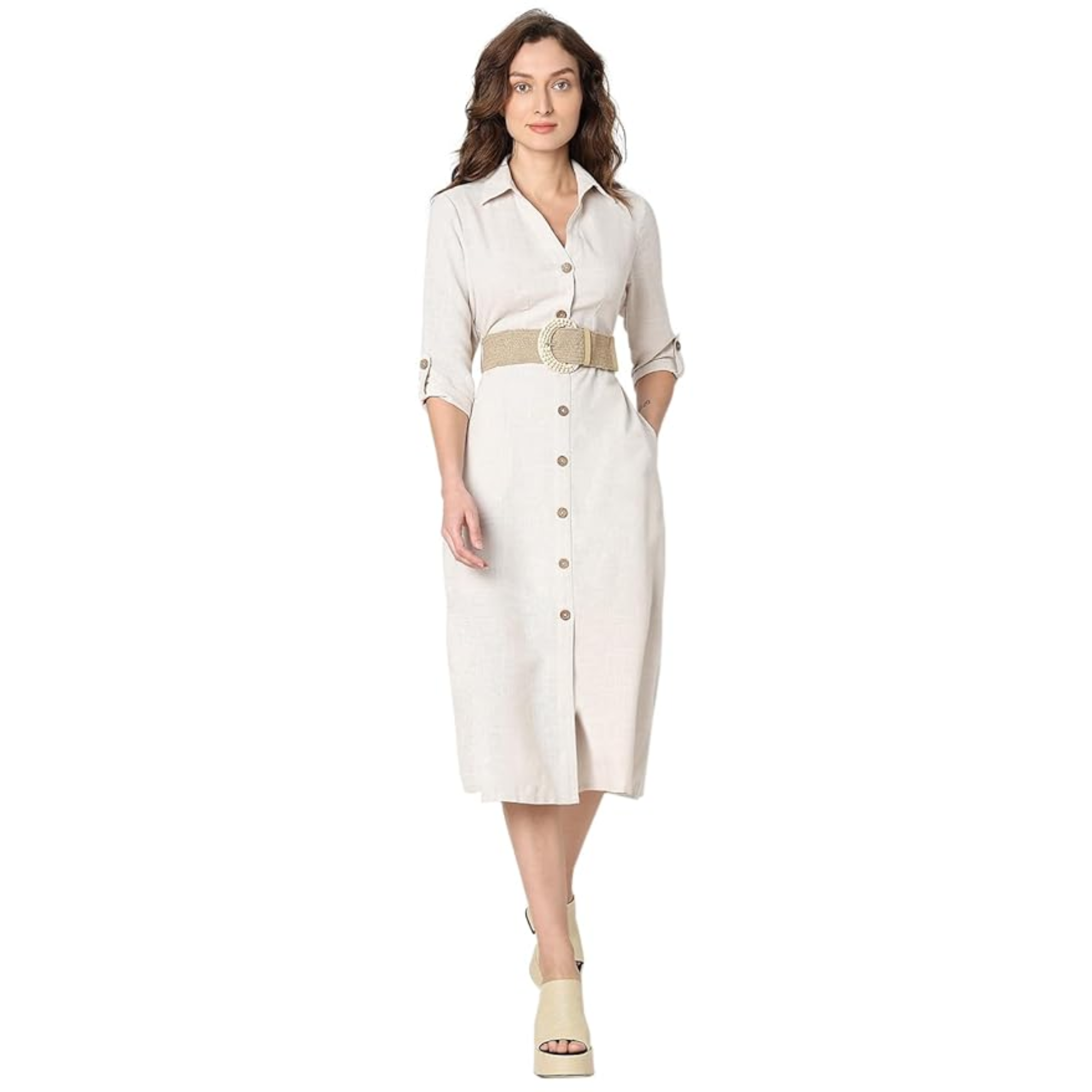 VERO MODA Women's Linen Roll-Up Sleeves Midi Shirt...